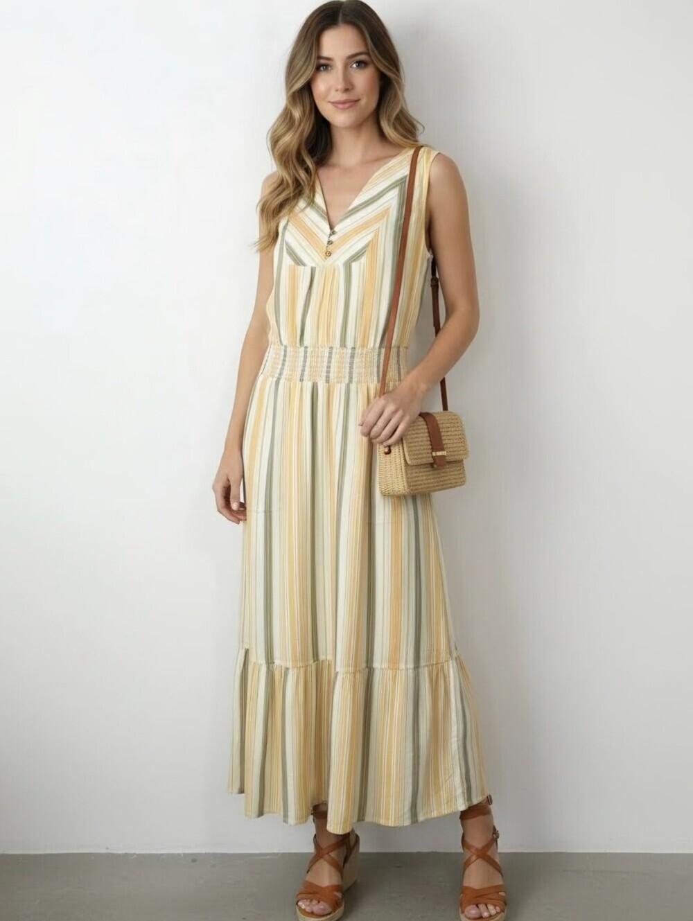 New! Prana Bohemian Stripes Sleeveless Ruffle Hem Midi Maxi Dress